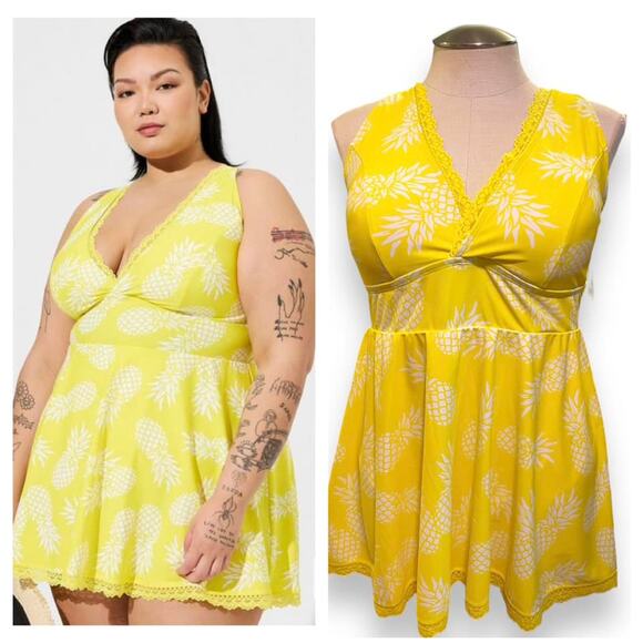 Torrid 5 (5x 28) Yellow Pineapple Lace Trim Mid Wireless Swim Dress w/Briefs New - Picture 1 of 3